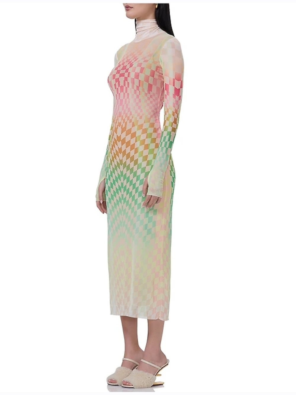 AFRM Long Sleeve Pastel Checkerboard Midi Dress